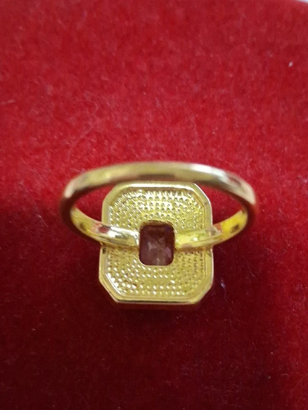 Source Unknown Gold-Tone Ring with Pink Center and Blue Accents